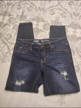 Mossimo Supply Co. Mid-Rise Dark Blue Jeggings - Distressed Stretch Denim